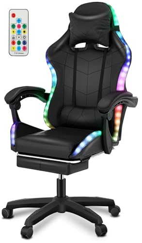 Oyajia Gaming Stuhl LED, RGB Computerstuhl mit Fußstütze und Lendenkissen, Racing Gamer Stuhl Ergonomisch mit Verstellbare Kopfstütze, Bürostuhl Gaming Stuhl 150 kg belastbarkeit von Oyajia