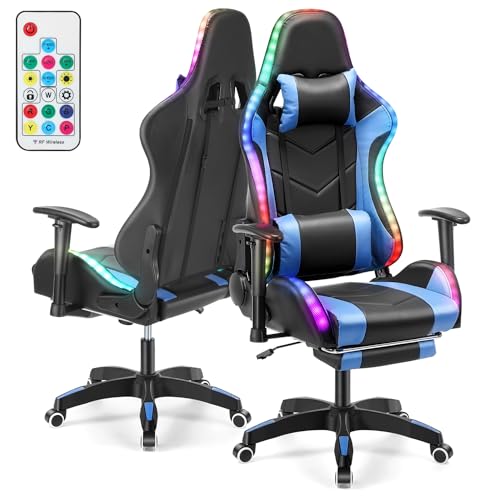 Oyajia Gaming Stuhl mit LED RGB Beleuchtung - Bürostuhl mit Hoher Belastbarkeit- PU Leder Gamer Stuhl mit 4D Armlehnen und Fußstütze - Ergonomischer Gaming Chair - als Gaming-Sessel Geeignet (Blau) von Oyajia