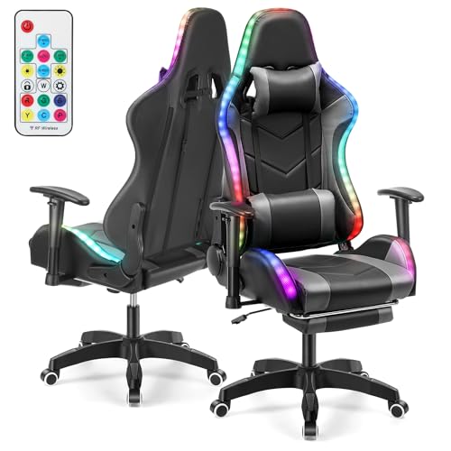 Oyajia Gaming Stuhl mit LED RGB Beleuchtung - Bürostuhl mit Hoher Belastbarkeit- PU Leder Gamer Stuhl mit 4D Armlehnen und Fußstütze - Ergonomischer Gaming Chair - als Gaming-Sessel Geeignet (Grau) von Oyajia
