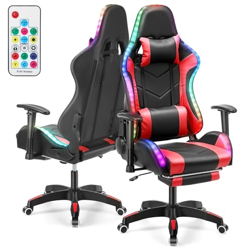 Oyajia Gaming Stuhl mit LED RGB Beleuchtung - Bürostuhl mit Hoher Belastbarkeit- PU Leder Gamer Stuhl mit 4D Armlehnen und Fußstütze - Ergonomischer Gaming Chair - als Gaming-Sessel Geeignet (Rot) von Oyajia