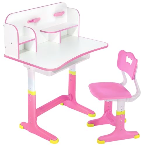 Oyajia Kinderschreibtisch Set, höhenverstellbarer Kindertisch und Stuhl mit Schublade & Bücherständer, Kinder Schreibtisch für Jungs & Mädchen (Normales-Rosa) von Oyajia