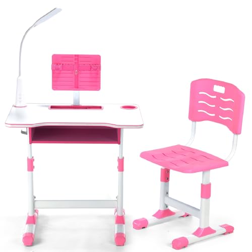 Oyajia Kinderschreibtisch mit Stuhl Set, Schreibtisch Kinder mit Stuhl Höhenverstellbar 62-72cm + Helligkeitsregulierung LED für Kinder Schüler Jugendliche zum Lernen, Lesen, Malen，Rosa von Oyajia
