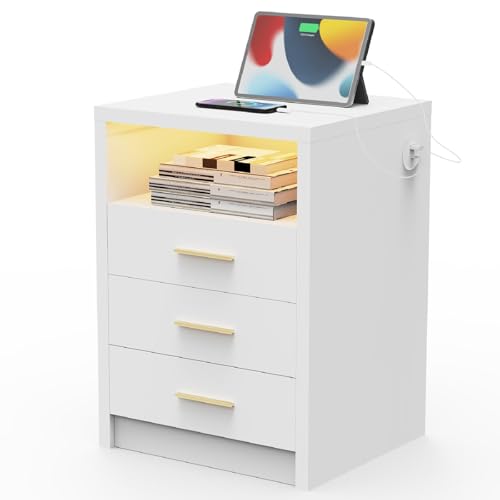 Oyajia Nachttisch mit LED, Nachttisch mit Typ-C & USB Ladestation, 3-Schublade Lagerung, Beistelltisch mit Steckdose für Schlafzimmer, Wohnzimmer, Büro, Weiß Oyajia Nachttisch mit LED, Nachttisch mit Typ-C & USB Ladestation, 3-Schublade Lagerung, Beistelltisch mit Steckdose für Schlafzimmer, Wohnzimmer, Büro, Weiß von Oyajia