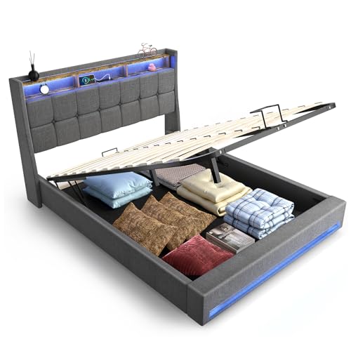 Oyajia Polsterbett mit Ladestation & LED-Beleuchtung,Doppelbettgestell mit Stauraum Kopfteil & Lattenrost, Schwebender visueller Effekt,Modern Bettgestell Leinen 140x200 cm von Oyajia