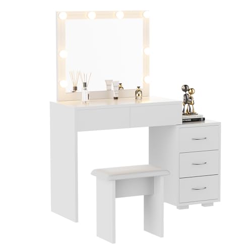 Oyajia Schminktisch Weiß, Kosmetiktisch mit Spiegel & Hocker, Frisierkommode mit LED-Beleuchtung Set, Frisiertisch Hollywood mit 5 Schubladen, Schlafzimmermöbel Vanity Set, 135cm. Oyajia Schminktisch Weiß, Kosmetiktisch mit Spiegel & Hocker, Frisierkommode mit LED-Beleuchtung Set, Frisiertisch Hollywood mit 5 Schubladen, Schlafzimmermöbel Vanity Set, 135cm. von Oyajia