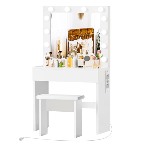 Oyajia Schminktisch mit Beleuchtung Spiegel und Hocker Modern Frisiertisch mit Aufladestation Kosmetiktisch mit Schubladen Schlafzimmermöbel für Mädchen, Weiß von Oyajia