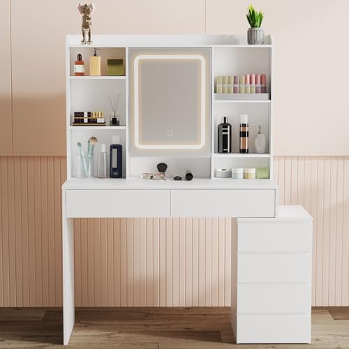 Oyajia Schminktisch mit LED Beleuchtung, Dressing Table 7 offenen Fächern und 6 Schubladen - Moderner Vanity Table mit Verstellbaren Einlegeböden, Kratzfestem Design und Glatter Weißer Oberfläche von Oyajia