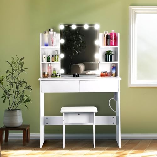 Oyajia Schminktisch mit LED Beleuchtung, Dressing Table mit 6 offenen Fächern und 2 Schubladen - Moderner Vanity Table mit Verstellbaren Einlegeböden, Stool und Glatter Weißer Oberfläche von Oyajia