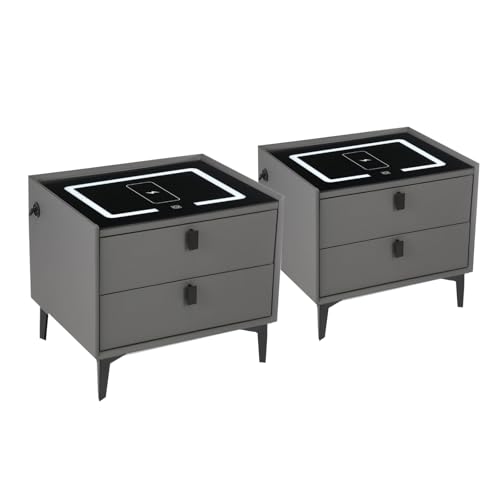 Oyajia Smart Nachttisch 2er Set mit Funktion, des Mobiltelefons kabelloses Aufladen, Nachttisch mit LED-Licht, 2 Schubladen Bettschrank, Kommode, Wohnzimmer, Schlafzimmermöbel (Schwarz Grau) von Oyajia