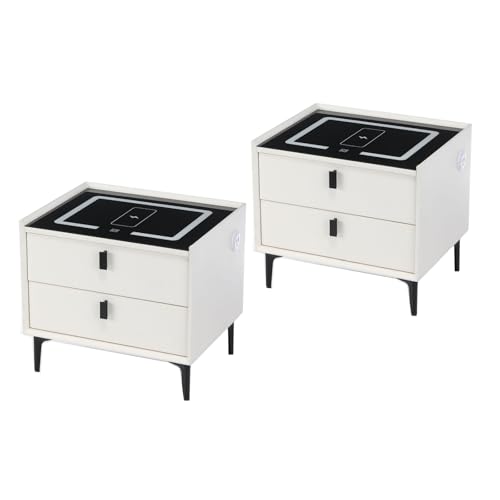 Oyajia Smart Nachttisch 2er Set mit Funktion, des Mobiltelefons kabelloses Aufladen, Nachttisch mit LED-Licht, 2 Schubladen Bettschrank, Kommode, Wohnzimmer, Schlafzimmermöbel (Schwarz Weiß) von Oyajia