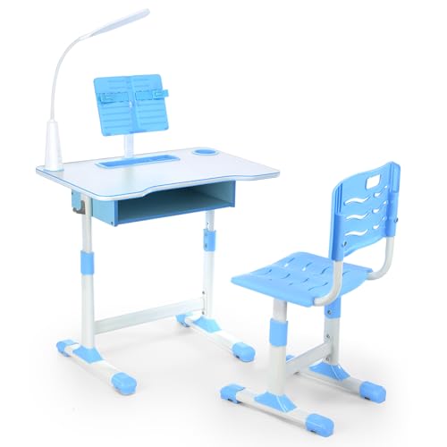 Schreibtisch Kinder Höhenverstellbar, Kinderschreibtisch für Mädchen, Jugendschreibtisch Schülerschreibtisch mit Bücherständer Schublade & LED-Licht, Ergonomischem Schreibtischstuhl Stuhl(Blau). von Oyajia