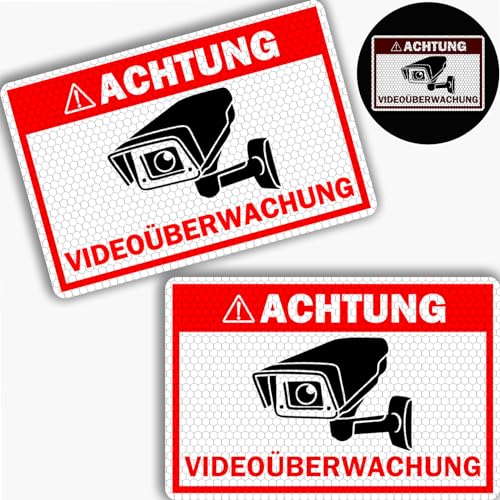 2er Set REFLEKTIEREND Achtung Videoüberwachung Schild (20x30 cm), Hinweisschild für Kameraüberwachung, Warnschild, Schild Videoüberwachung, Video Überwachungsschild von Oyayubi