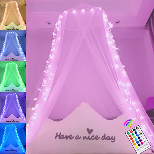 Betthimmel für Mädchen mit Lichtern, Weißer Betthimmel Vorhänge mit Farben wechselnden 100LED Stern Lichtern, Hängende Prinzessin Baldachin für Mädchen Schlafzimmer Dekor Einzel- bis King Size Betten von Oycbuzo