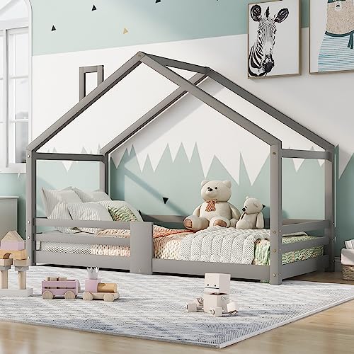 Kinderbett Hausbett im Montessori Stil mit Schornstein Rausfallschutz Robuste Lattenroste Kiefernholz Haus Bett for Kids, 90 x 200 cm Hausbett Spielbett für Mädchen und Jungen, ohne Matratze (Grau) von Oyemige