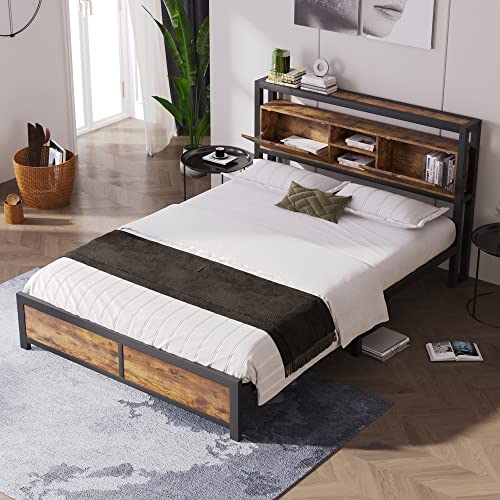 Oyemige Doppelbett 140x200 mit lattenrost, Bett aufbewahrungsfunktion, Metallbett, Jugendbett, für Erwachsene & Jugendliche, Einfache Montage, Keine Matratze (Braun, Doppelbett 140x200) von Oyemige