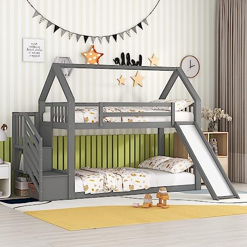 Oyemige Kinderbett Etagenbett 90x200cm, Hochbett Kinder mit Rutsche und Stauraumtreppe, Stockbett Für 2 Kinder, Massivholz Hausbett, Etagenbettrahmen, Spielbett, Jugendbett,Ohne Matratze (Grau) von Oyemige