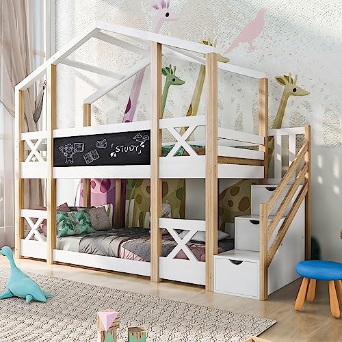 Oyemige Kinderbett Hausbett 90x200 mit Schublade und Rausfallschutz，Hochbett Kinder und 2 Lattenrost, Massivholz Kinderbett, Jugendbett (Ohne Matratze) von Oyemige