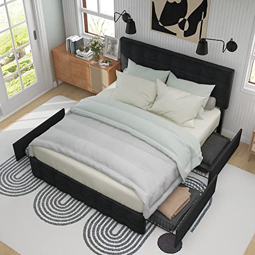 Oyemige Polsterbett mit 4 Schubladen, 140 x 200cm Doppelbett mit Lattenrost, Stauraum Bett, höhenverstellbares Kopfteil & quadratisches Nähdesign, Metalllattenstütze Bett,Ohne Matratze (Black) von Oyemige