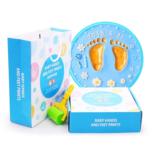Oytrui Baby Hand- und Fußabdruck Kit, DIY -Lehm -Andenken mit Rundkastenstaub Cover Digital Aufkleber Roller Pinsel, Sicheres ökotöntes für Neugeborene Eltern (Blaue Box) von Oytrui