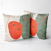 Abstrakt Orange Gesicht Kissenbezug Mit Grünen & Beige Farben | Doppelseitiger Druck Auf Dem Chenille Verschiedenen Größen von OyzShop