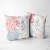 Kissenhülle Mit Abstraktem Gesicht Muster in Rosa, Blau & Ecru | Doppelseitiger Druck Kissenbezug Auf Dem Chenille Verschiedenen Größen von OyzShop