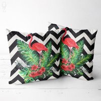 Kissenhülle Mit Pink Flamingo & Blätter Und Schwarzem Zick Zack | Doppelseitiger Druck Kissenbezug Auf Dem Chenille Verschiedenen Größen von OyzShop