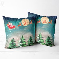 Weihnachtskissenhülle Mit Weihnachtsmann & Fliegenden Rentieren | Doppelseitiger Druck Kissenbezug Auf Dem Chenille Verschiedenen Größen von OyzShop