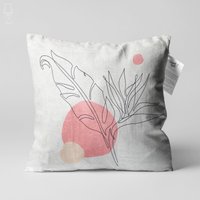 Weißer Kissenbezug Mit Abstraktem Blatt-Design in Pink & Ecru Farben | Doppelseitiger Druck Auf Weichem Chenille-stoff Verschiedenen Größen von OyzShop