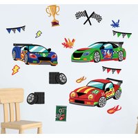 Rennautos Abnehmbare Stoff Wandaufkleber/Aufkleber Mit Trophäe, Blitz, Feuer, Reifen, Fahnen, Peel & Stick Für Kinderzimmer, Kinderzimmer von OzLabels