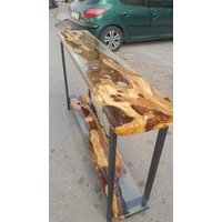 Made To Order Custom Olive Wood Ultra Clear Epoxy Konsolentisch, Esstisch Aus Massivem Olivenholz von OzgurEpoxyWoodWorld