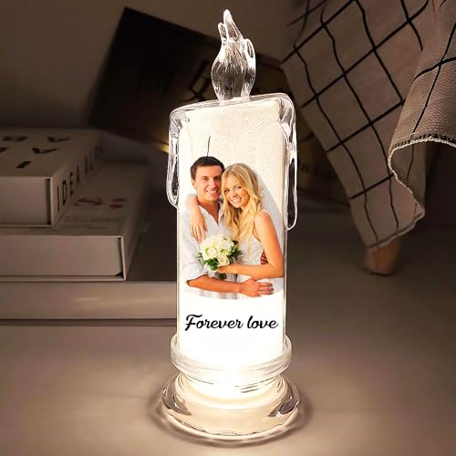 Ozinna Benutzerdefinierte flammenlose Foto Elektronische Kerzenlampe, personalisierte gefälschte Kerze leuchten Bilderrahmen mit Foto und Text, Jahrestag Hochzeit Weihnachten Geschenke (weiß) von Ozinna