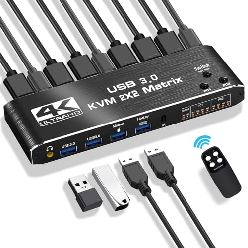 Ozvavzk USB 3.0 HDMI KVM Switch 2 PC 2 Monitore, Simulation EDID 4K60Hz Extended Display HDMI2.0 HDCP2.3, Dual Monitor KVM Switch 2PC Share Tastatur Maus, KVM Switches mit 3.5mm Audioausgang von Ozvavzk