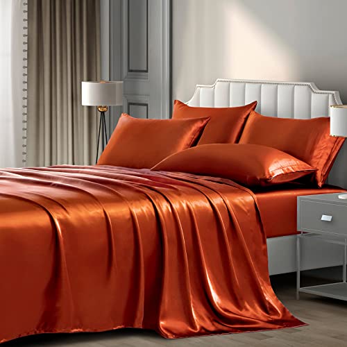 P Pothuiny Satin-Bettlaken, Queen-Size-Bett (6-teilig, gebranntes Orange), luxuriöses seidiges Bettwäsche-Set, extra weiches Satin-Spannbettlaken, 1 Satin-Spannbetttuch + 1 Bettlaken + 4 Kissenbezüge von P Pothuiny
