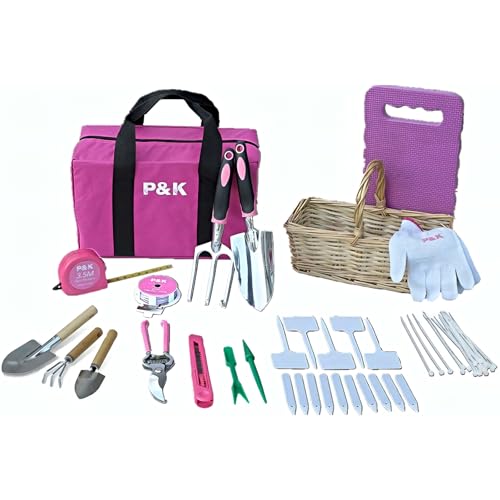 P & K 49-teiliges Gartenwerkzeugset in Pink mit praktischem Korb & Taschen | Perfekt für Garten- & Balkonarbeit, Pflanzpflege & kreative Gartenprojekte | Stilvolles Set für Hobbygärtner*innen von P & K