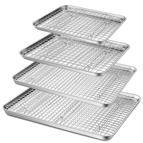 P&P CHEF Backblech- und Gestell-Set, 8 Stück (4 Bögen + 4 Racks), 4 Größen, Edelstahl-Plätzchenbleche, Backformen mit Kühlgittern zum Kochen und Braten, ofen- und spülmaschinenfest, gesund und von P&P CHEF