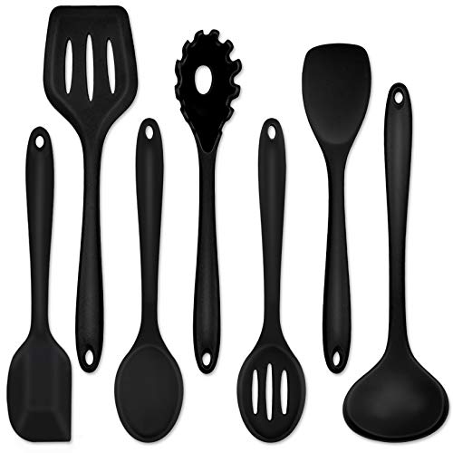P&P Chef Küchenutensilien-Set, 7-teilig, hitzebeständig, Küchenspatel für antihaftbeschichtetes Kochgeschirr, Kochen, Servieren, Schlitzwender, Suppenkelle, Teigschöpflöffel, Löffel – Schwarz von P&P CHEF