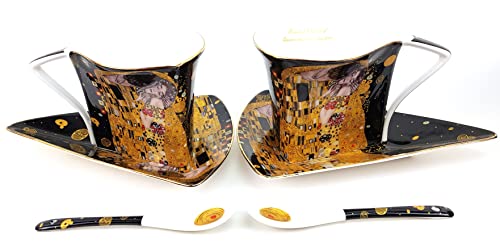 P1 2 Tassen 2 Unterteller 2 Löffel aus Porzellan Gustav Klimt Motive - der Kuss Limited Edition von P1