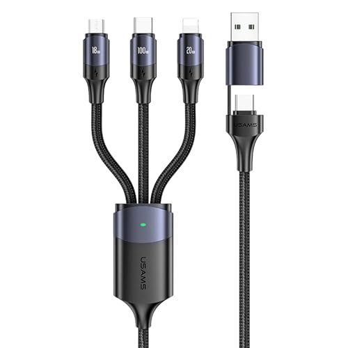 P4Y US-SJ511 U71 3-in-1 kompatibel mit Lightning/microUSB/USB-C auf USB/USB-C Kabel zum Aufladen und zur Datenübertragung Fast Charge 6A 100W Ladeanzeige Smart layout Nylon weave 1.2m Black von P4Y