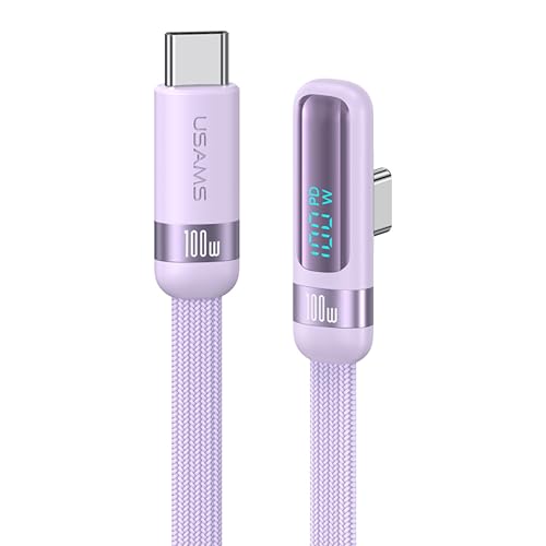 P4Y USB-C zu USB-C Lade- und Datenkabel PD100W 480 Mbps mit digitaler Anzeige und L-förmigem Stecker/90 Grad Wind Serie 1.2m lila US-SJ653 von P4Y