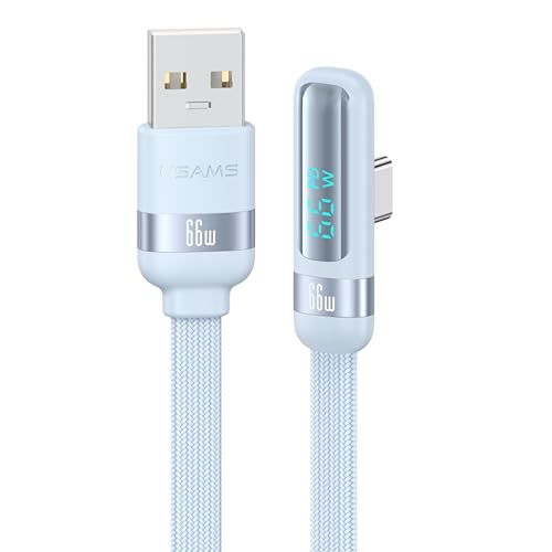 P4Y USB zu USB-C/Typ-C Kabel für schnelles Laden und Datenübertragung 66W 6A 480 Mbps mit digitaler Anzeige und L-förmigem 90 Grad Stecker, Lift Serie, Länge 1.2m blau US-SJ651 von P4Y