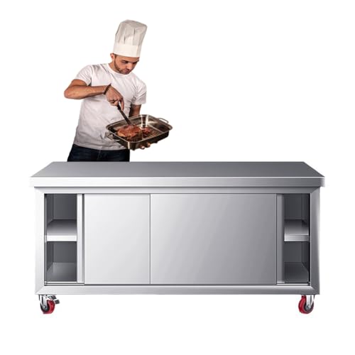 PA-DABAOO Edelstahl-Arbeitstisch Mit Schiebetüren, Gewerblicher Arbeitstisch Mit Schrank, Robuster Küchenvorbereitungstisch Aus Metall, Multifunktionaler Allzweck-Vorbereitungstisch,100cm von PA-DABAOO