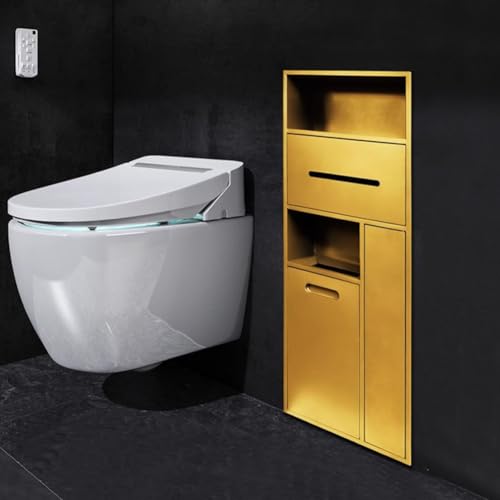 PA-DABAOO Eingelassener Toilettenpapierhalter, Mülleimernische, Duschnische Aus Edelstahl, Handtuchspender Fürs Badezimmer Mit Toilettenbürstenschrank, Toilettenbürstenhalter,Gold 78cm von PA-DABAOO