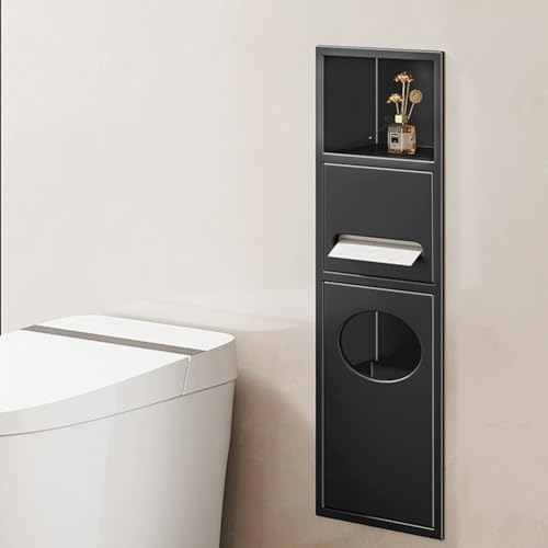 PA-DABAOO Wandregal-Organizer Für Das Badezimmer, Edelstahlnische Für Die Dusche, Toilettenpapierhalter Mit Mülleimer, Handtuchspender Mit Toilettenbürstenschrank,Black 63cm von PA-DABAOO