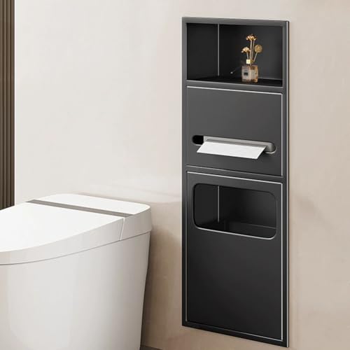 PA-DABAOO Wandregal-Organizer Für Das Badezimmer, Edelstahlnische Für Die Dusche, Toilettenpapierhalter Mit Mülleimer, Handtuchspender Mit Toilettenbürstenschrank,Black 70cm von PA-DABAOO
