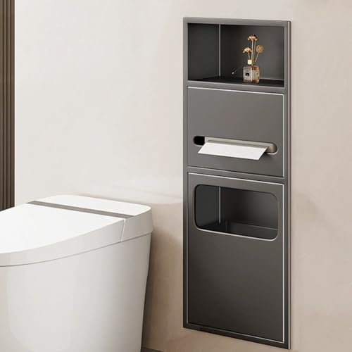PA-DABAOO Wandregal-Organizer Für Das Badezimmer, Edelstahlnische Für Die Dusche, Toilettenpapierhalter Mit Mülleimer, Handtuchspender Mit Toilettenbürstenschrank,Gray 70cm von PA-DABAOO