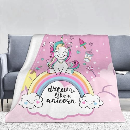 PAAHRYI Kinder Kuscheldecke Rosa Einhorn 150x200cm,kuscheldecke Einhorn Mädchen,Regenbogen Wolken Pferd drucken Flanell Fleecedecke für Couch Wohn(130 x 150 cm, B) von PAAHRYI