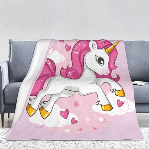 PAAHRYI Kinder Kuscheldecke Rosa Einhorn 150x200cm,kuscheldecke Einhorn Mädchen,Regenbogen Wolken Pferd drucken Flanell Fleecedecke für Couch Wohn (130 x 150 cm, A) von PAAHRYI