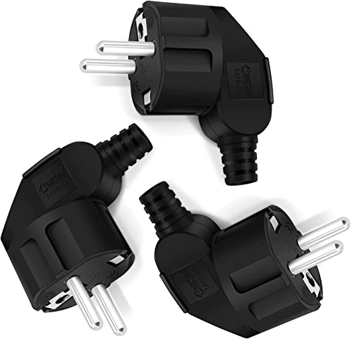 Schuko Stecker Winkelstecker 3 Stücke, Stromstecker Winkelstecker 230v flach, Schutzkontakt Stecker mit Knickschutztülle, Eurostecker für 8-10mm Kabel, IP20, Langlebig und Bruchfest, Schwarz von PABANCE