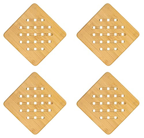 Set mit 4 hitzebeständigen Bambus-Untersetzern, natürlicher Bambus-Untersetzer, Bambus-Halter, Bambus-Holz-Heißpads für Küche heiße Gerichte, Topf, Teller (19 cm, quadratisch) von PACEKONER