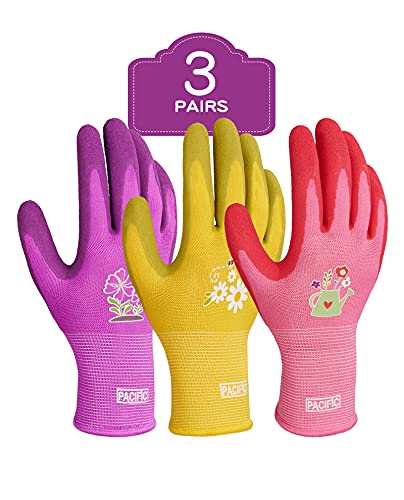 PACIFIC 3 Paar Gartenhandschuhe für Damen, Gartenhandschuhe mit rutschfeste Crinkle Latex Beschichtung, robuste Handschuhe Größe 8/M von PACIFIC PPE